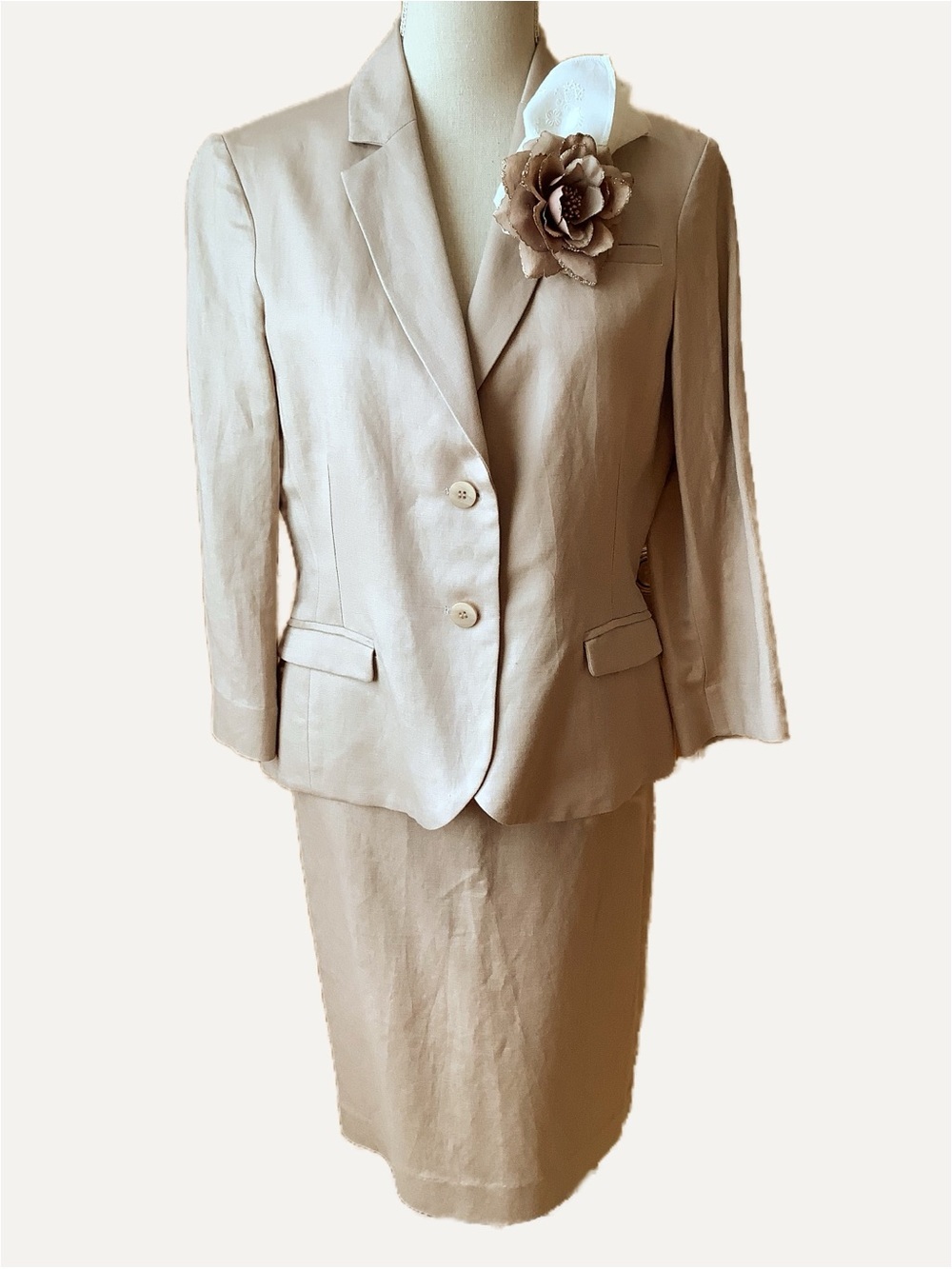 FRANCO MIRABELLI NWT Linen Skirt Suit Beige Taupe 8 Pencil Skirt Blazer